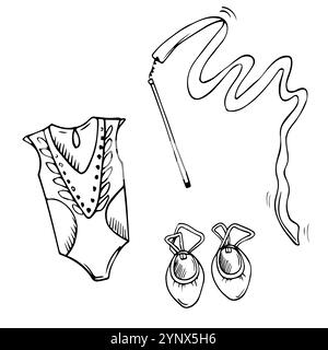 Vektor-Doodle-Rhythmus-Gymnastik-Geräte-Set. Strichgrafiken. Seil, Sportbekleidung, Schläger, Halbschuhe-Illustrationen überspringen Stock Vektor