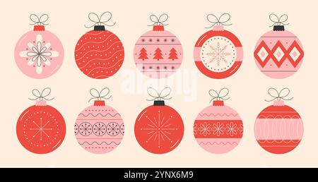 Festliche Retro-Weihnachtskugeln im flachen Stil. Farbenfrohe Vintage-weihnachtsschmuck mit Schleifen. Vektorabbildung Stock Vektor