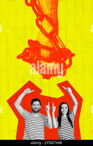 3D Collage Trendkunstwerk Composite Sketch Poster von Copyspace Paar junge Frau Mann Finger Hand Hand Hand Hand Handschellen Power Authority Chain Stockfoto