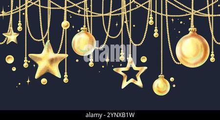 Goldene Weihnachtskugeln und Sterne hängen an Perlen mit funkelnden Sternen. Weihnachten, Neujahr, Winter Aquarell Illustration Hand gezeichnet. Nahtlos Stockfoto