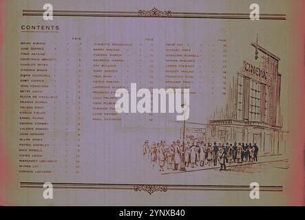 Ein Album der Film Stars im Format 12,5 cm x 18,5 cm, herausgegeben von John Player & Sons, verkauft für einen Cent, um ihre Zigarettenkarten mit 50 Farbporträts von gezeichneten Impressionen amerikanischer und englischer Filmstars der 1940er Jahre montieren zu können, darunter: Basil Rathbone, Fred Astaire, Gary Cooper, Joan Crawford, Errol Flynn, Bette Davis. Jede Karte hat eine Reproduktion der Unterschrift des Sterns mit einem begleitenden Lebenslauf darunter. Das Album wurde im November 2024 von Ben Gershon in einem Wohltätigkeitsladen im Norden Londons für £ 8,00 gekauft. Stockfoto