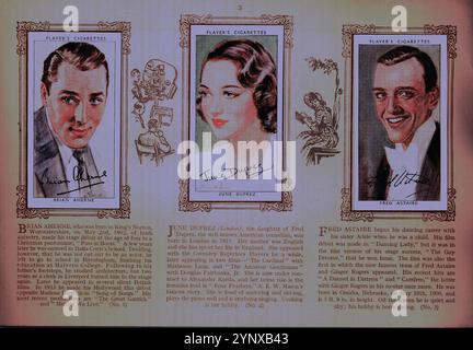 Ein Album der Film Stars im Format 12,5 cm x 18,5 cm, herausgegeben von John Player & Sons, verkauft für einen Cent, um ihre Zigarettenkarten mit 50 Farbporträts von gezeichneten Impressionen amerikanischer und englischer Filmstars der 1940er Jahre montieren zu können, darunter: Basil Rathbone, Fred Astaire, Gary Cooper, Joan Crawford, Errol Flynn, Bette Davis. Jede Karte hat eine Reproduktion der Unterschrift des Sterns mit einem begleitenden Lebenslauf darunter. Das Album wurde im November 2024 von Ben Gershon in einem Wohltätigkeitsladen im Norden Londons für £ 8,00 gekauft. Stockfoto