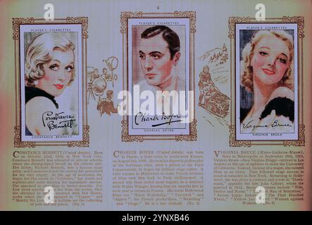 Ein Album der Film Stars im Format 12,5 cm x 18,5 cm, herausgegeben von John Player & Sons, verkauft für einen Cent, um ihre Zigarettenkarten mit 50 Farbporträts von gezeichneten Impressionen amerikanischer und englischer Filmstars der 1940er Jahre montieren zu können, darunter: Basil Rathbone, Fred Astaire, Gary Cooper, Joan Crawford, Errol Flynn, Bette Davis. Jede Karte hat eine Reproduktion der Unterschrift des Sterns mit einem begleitenden Lebenslauf darunter. Das Album wurde im November 2024 von Ben Gershon in einem Wohltätigkeitsladen im Norden Londons für £ 8,00 gekauft. Stockfoto