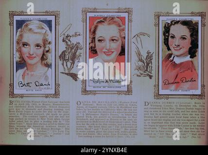 Ein Album der Film Stars im Format 12,5 cm x 18,5 cm, herausgegeben von John Player & Sons, verkauft für einen Cent, um ihre Zigarettenkarten mit 50 Farbporträts von gezeichneten Impressionen amerikanischer und englischer Filmstars der 1940er Jahre montieren zu können, darunter: Basil Rathbone, Fred Astaire, Gary Cooper, Joan Crawford, Errol Flynn, Bette Davis. Jede Karte hat eine Reproduktion der Unterschrift des Sterns mit einem begleitenden Lebenslauf darunter. Das Album wurde im November 2024 von Ben Gershon in einem Wohltätigkeitsladen im Norden Londons für £ 8,00 gekauft. Stockfoto
