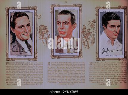 Ein Album der Film Stars im Format 12,5 cm x 18,5 cm, herausgegeben von John Player & Sons, verkauft für einen Cent, um ihre Zigarettenkarten mit 50 Farbporträts von gezeichneten Impressionen amerikanischer und englischer Filmstars der 1940er Jahre montieren zu können, darunter: Basil Rathbone, Fred Astaire, Gary Cooper, Joan Crawford, Errol Flynn, Bette Davis. Jede Karte hat eine Reproduktion der Unterschrift des Sterns mit einem begleitenden Lebenslauf darunter. Das Album wurde im November 2024 von Ben Gershon in einem Wohltätigkeitsladen im Norden Londons für £ 8,00 gekauft. Stockfoto