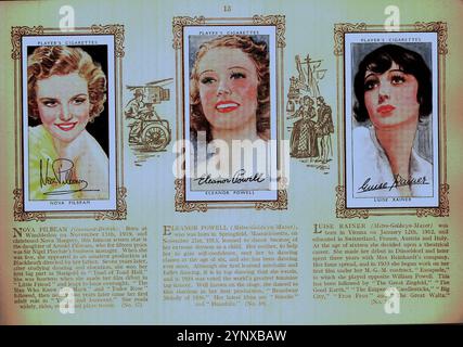 Ein Album der Film Stars im Format 12,5 cm x 18,5 cm, herausgegeben von John Player & Sons, verkauft für einen Cent, um ihre Zigarettenkarten mit 50 Farbporträts von gezeichneten Impressionen amerikanischer und englischer Filmstars der 1940er Jahre montieren zu können, darunter: Basil Rathbone, Fred Astaire, Gary Cooper, Joan Crawford, Errol Flynn, Bette Davis. Jede Karte hat eine Reproduktion der Unterschrift des Sterns mit einem begleitenden Lebenslauf darunter. Das Album wurde im November 2024 von Ben Gershon in einem Wohltätigkeitsladen im Norden Londons für £ 8,00 gekauft. Stockfoto