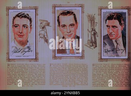 Ein Album der Film Stars im Format 12,5 cm x 18,5 cm, herausgegeben von John Player & Sons, verkauft für einen Cent, um ihre Zigarettenkarten mit 50 Farbporträts von gezeichneten Impressionen amerikanischer und englischer Filmstars der 1940er Jahre montieren zu können, darunter: Basil Rathbone, Fred Astaire, Gary Cooper, Joan Crawford, Errol Flynn, Bette Davis. Jede Karte hat eine Reproduktion der Unterschrift des Sterns mit einem begleitenden Lebenslauf darunter. Das Album wurde im November 2024 von Ben Gershon in einem Wohltätigkeitsladen im Norden Londons für £ 8,00 gekauft. Stockfoto