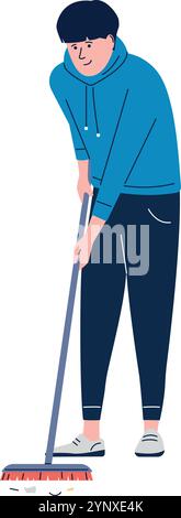 Ein Mann fegt den Boden mit einem Besen Stock Vektor