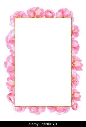 Fertige Postkarte mit rechteckigem goldenem Rahmen und rosa Sakura-Blüten. Einladung, Faltblatt-Layout. Handgezeichnete Aquarellillustration. Stockfoto