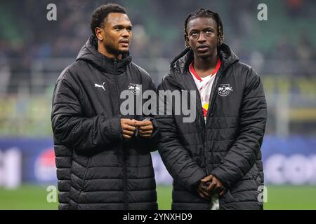 Mailand, Italie. November 2024. Lois OPENDA von RB Leipzig und Amadou HAIDARA von RB Leipzig während des Fußballspiels UEFA Champions League, League Phase MD5 zwischen FC Internazionale und RB Leipzig am 26. November 2024 im Giuseppe-Meazza-Stadion in Mailand, Italien - Foto Matthieu Mirville (F Bertani)/DPPI Credit: DPPI Media/Alamy Live News Stockfoto