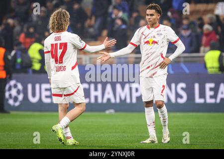 Mailand, Italien, Italien. November 2024. Viggo GEBEL vom RB Leipzig und Antonio NUSA vom RB Leipzig während des Spiels der UEFA Champions League, League Phase MD5 zwischen dem FC Internazionale und RB Leipzig im Stadio Giuseppe-Meazza am 26. November 2024 in Mailand. (Kreditbild: © Matthieu Mirville/ZUMA Press Wire) NUR REDAKTIONELLE VERWENDUNG! Nicht für kommerzielle ZWECKE! Stockfoto
