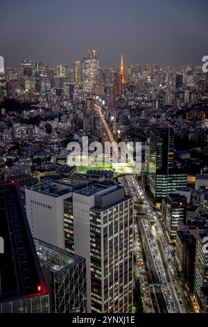 Die Skyline von Tokio in der Abenddämmerung zeigt den Verkehr auf der Autobahn und dem Turm von tokio Stockfoto