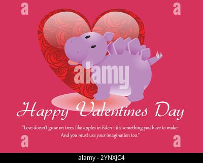 Der süße lila Dinosaurier steht vor einem Herzen mit roten Rosen. Das Bild trägt den Titel „Happy Valentine's Day“. Hervorgehoben mit liebevollem Zitattext Stock Vektor