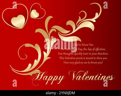 Roter Hintergrund mit Blattgold und zwei Herzen. Die Worte "Happy Valentine" sind in Gold geschrieben. Hervorgehoben mit liebevollem Zitattext Stock Vektor