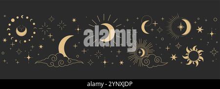 Himmlische nahtlose Grenze, spirituelle Dekoration mit asiatischen Wolken, Mond, Sonnenaufgang und Sternen. Linien-Astrologie-Muster, minimaler geometrischer Hintergrund. Vektorabbildung Stock Vektor