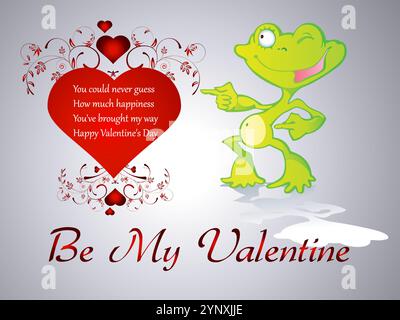 Frosch steht neben einem Herzen auf einer Valentinskarte und zeigt darauf. Auf der Karte steht: "Sei mein Valentinstag." Verspielter Ostertag Humor Glück Freude Stock Vektor