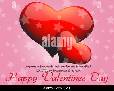 Herz mit zwei Sternen drauf. Das Herz ist rot und die Sterne weiß. Die Worte „Happy Valentines Day“ stehen unter dem Herzen. Hervorgehoben mit L Stock Vektor