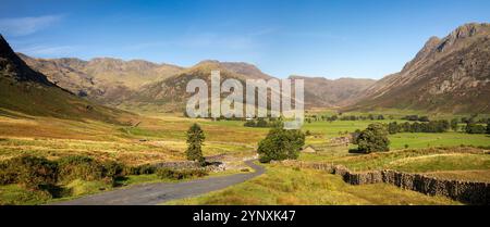 UK, England, Cumbria, Langdale, Mickleden und Oxendale, unter Langdale Fell, Panoramablick Stockfoto