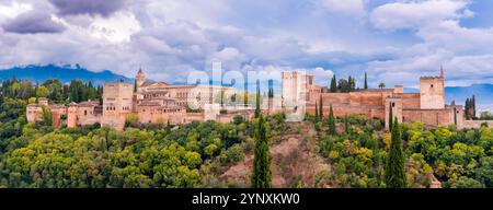 Panoramablick auf den Alhambra-Palast von albayzin und Sierra Nevada im Hintergrund, in Granada, Spanien. Stockfoto