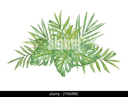 Aquarell tropische grüne Blätter Blumenstrauß botanische Illustration. Handbemalte Palme und Monstera Laub für Designerläden, Druck, Grußkarte Stockfoto