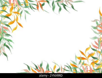 Abstraktes Aquarell, bunte Blattzweige, rechteckiger Rahmen. Grüne, orangefarbene Blattdarstellung mit Kopierraum für Text. Horizontaler Blumenrand Stockfoto