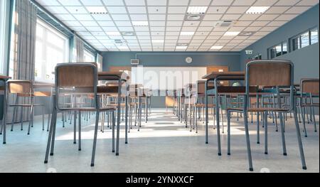 Leeres Klassenzimmer mit Sonnenlicht, das durch die Fenster hindurch scheint Stockfoto