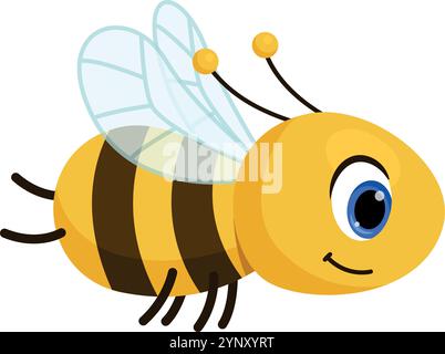 Eine Karikaturbiene mit einem Lächeln im Gesicht. Die Biene ist gelb und hat schwarze Streifen. Es fliegt in der Luft Stock Vektor