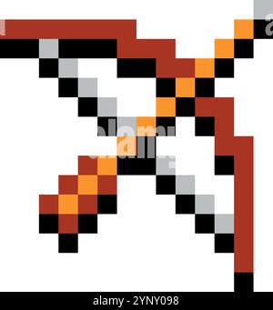 Ein gepixeltes Bild einer Armbrust mit einem rot-weißen Pfeil. Das Bild hat eine nostalgische und verspielte Stimmung, die an klassische Videospiele erinnert Stock Vektor