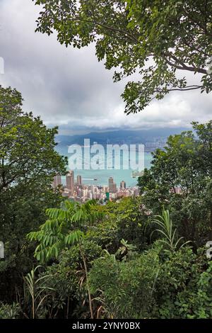 Luftaufnahme von Frachtschiffen, die in der Nähe des Hafens von Hongkong vor Anker liegen, mit städtischer Skyline und Bergen im Hintergrund während des Tages Stockfoto