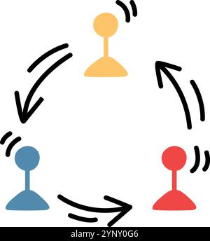 Eine Figur aus drei Personen ist mit Pfeilen dargestellt. Die Zahl ist rot, blau und gelb Stock Vektor