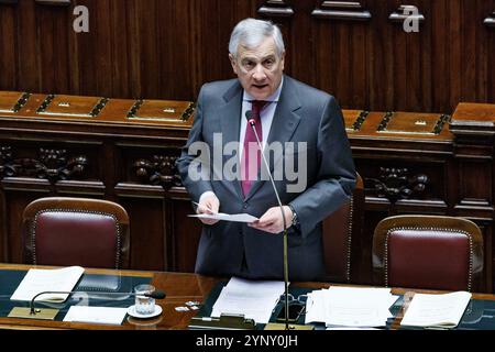 Roma, Italien. November 2024. IL ministro degli Esteri Antonio Tajani durante il Fragestunde alla Camera dei deputati, Roma, Mercoled&#xec;, 27. November 2024 (Foto Roberto Monaldo/LaPresse) Außenminister Antonio Tajani während der Fragestunde in der Abgeordnetenkammer in Rom, Mittwoch, 27. November 2024 (Foto: Roberto Monaldo/LaPresse) Credit: LaPresse/Alamy Live News Stockfoto