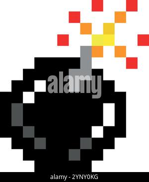 Eine schwarze, pixelförmige Bombe mit einer roten und gelben Flamme. Die Bombe ist von einem weißen Hintergrund umgeben Stock Vektor