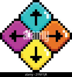 Ein farbenfrohes pixelfarbenes Quadrat mit vier verschiedenen farbigen Quadraten und Pfeilen, die nach unten zeigen. Die Quadrate sind in Rautenform angeordnet Stock Vektor