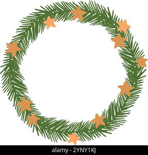 Ein Kranz mit grünen Blättern und gelben Sternen. Der Kranz ist kreisförmig und hat einen Stern in der Mitte Stock Vektor