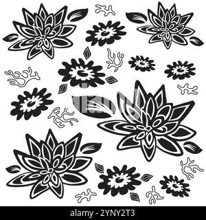 Blätter Blume und Laub Muster - Hand gezeichnete Illustration - Natur im Sommer - Schwarz-weiß Farben Vektor Stock Vektor