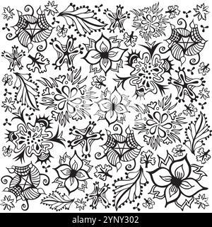 Blätter Blume und Laub Muster - Hand gezeichnete Illustration - Natur im Sommer - Schwarz-weiß Farben Vektor Stock Vektor