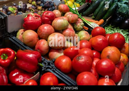 Farbenfrohe Auswahl an frischem Gemüse und Obst füllt den Marktstand im Herbst. Stockfoto