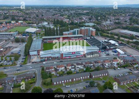 Aus der Vogelperspektive des Rennplatzes, Heimstadion von Wrexham AFC, Wales. Stockfoto