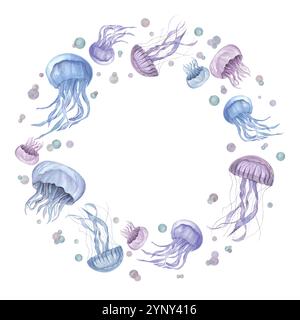 Wasserfarbenquallen, die im Kreis zwischen Wasserblasen schwimmen, handgemalter Kranz. Blaue und violette medusa-Illustration mit leerem Platz für Text. Stockfoto