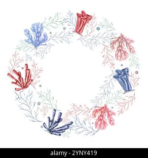 Aquarellunterwasser-Rosa, blaue Korallen, Pflanzen, Wasserblasenkranz isoliert auf weiß. Lagune Unterwasser farbige Polypen Illustration mit Kopierraum Stockfoto