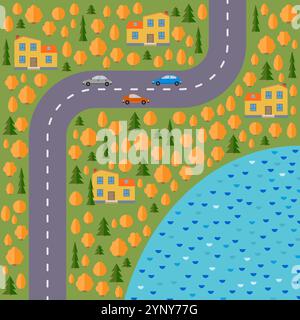 Plan des Dorfes. Landschaft mit Straße, Wald, See, Autos und Häusern im Herbst. Vektorabbildung Stock Vektor