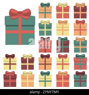 Sammlung von 20 mehrfarbigen Geschenkboxen. Vektorabbildung Stock Vektor