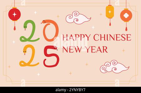 2025 Jahre der Schlange. Lunar Silvester Banner. Chinesische traditionelle Laternen und Wolken. Asiatisch-orientalische traditionelle Grußkarte. Stock Vektor