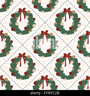 Einfaches nahtloses Weihnachtsvektor-Muster. Weihnachtskranz Illustration. Muster in Farbfeldern. Vektorabbildung. Stock Vektor