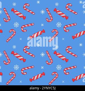 Zuckerrohr-Muster in Pixelgrafik. Weihnachtsgeschenke auf blauem Hintergrund. Traditionelle rote und weiße Weihnachtsfeier und Silvester-Lutscher. Gestreifte Süßigkeiten auf Schnee Ba Stock Vektor