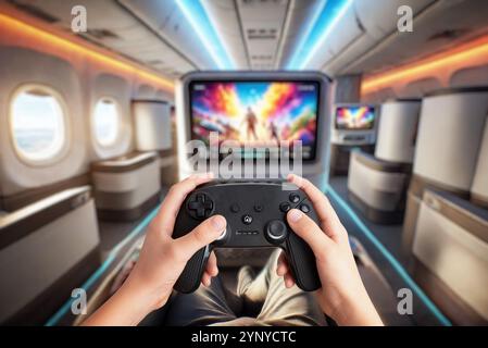 Gaming in einem Flugzeugsitz-Konzept, Gamepad vor einem Bildschirm auf der Rückenlehne, das tragbare Entertainment und interaktive Reiseerfahrungen hervorhebt Stockfoto