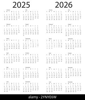 Kalender 2025, 2026 Jahr. Die Woche beginnt am Sonntag. Stock Vektor