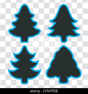 Weihnachtsbaum Silhouette Symbolset. Aufkleberpackung. Flaches Design. Karierter Hintergrund. Blaue schwarze Farben. Vektorabbildung Stock Vektor