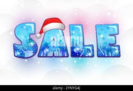 Winter SALE niedliches Banner mit Weihnachtsdekorationen und 3D-Stil-Inschrift S A L E. Schneehintergrund. Farbenfrohes Design. Werbebanner. Isoliert Stock Vektor