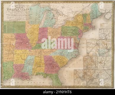 Mitchells Karte der Vereinigten Staaten: Zeigt die wichtigsten Verkehrsknotenpunkte und Straßen, auf denen die Entfernungen in Meilen von einem Ort zum anderen angegeben sind, sowie die Verläufe der Kanäle und Eisenbahnstraßen im ganzen Land, sorgfältig zusammengestellt von den besten Behörden. 1839 von Mitchell, S. Augustus (Samuel Augustus), 1792-1868 Stockfoto